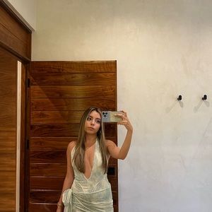 DEEP V NECK ASYMMETRIC MINI DRESS IN OASIS